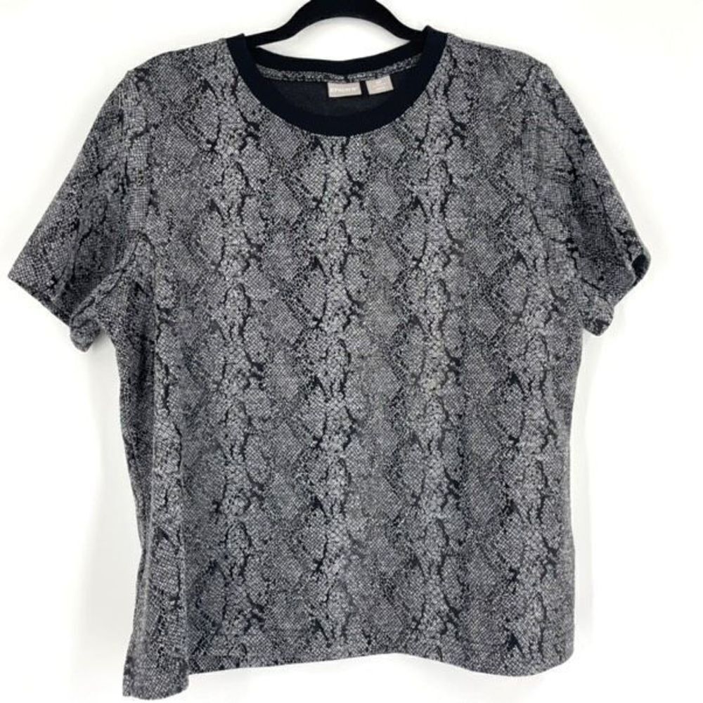 Chico's Women's Snake Skin Print Crew Neck Short Sleeve Jacquard Tee Black Sz 2P